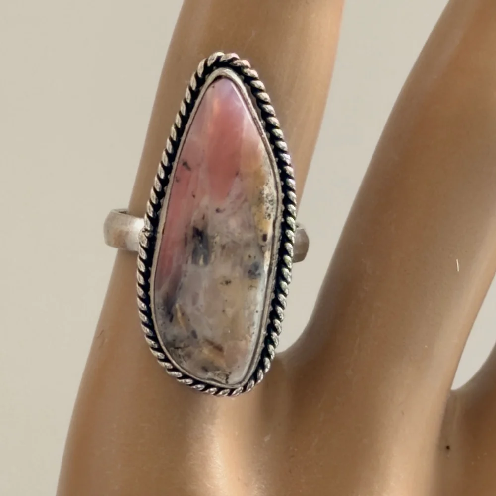 Hand crafted Pink Opal Teardrop Statement Ring Silver Plated Size 6 New - Picture 2 of 9